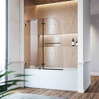 SUNNY SHOWER Frameless Shower Door for Bathtub,Hinged Tub Screen,Tempered Glass Tub Door,48" W x 58" H,Black Finish,Support Bar Included