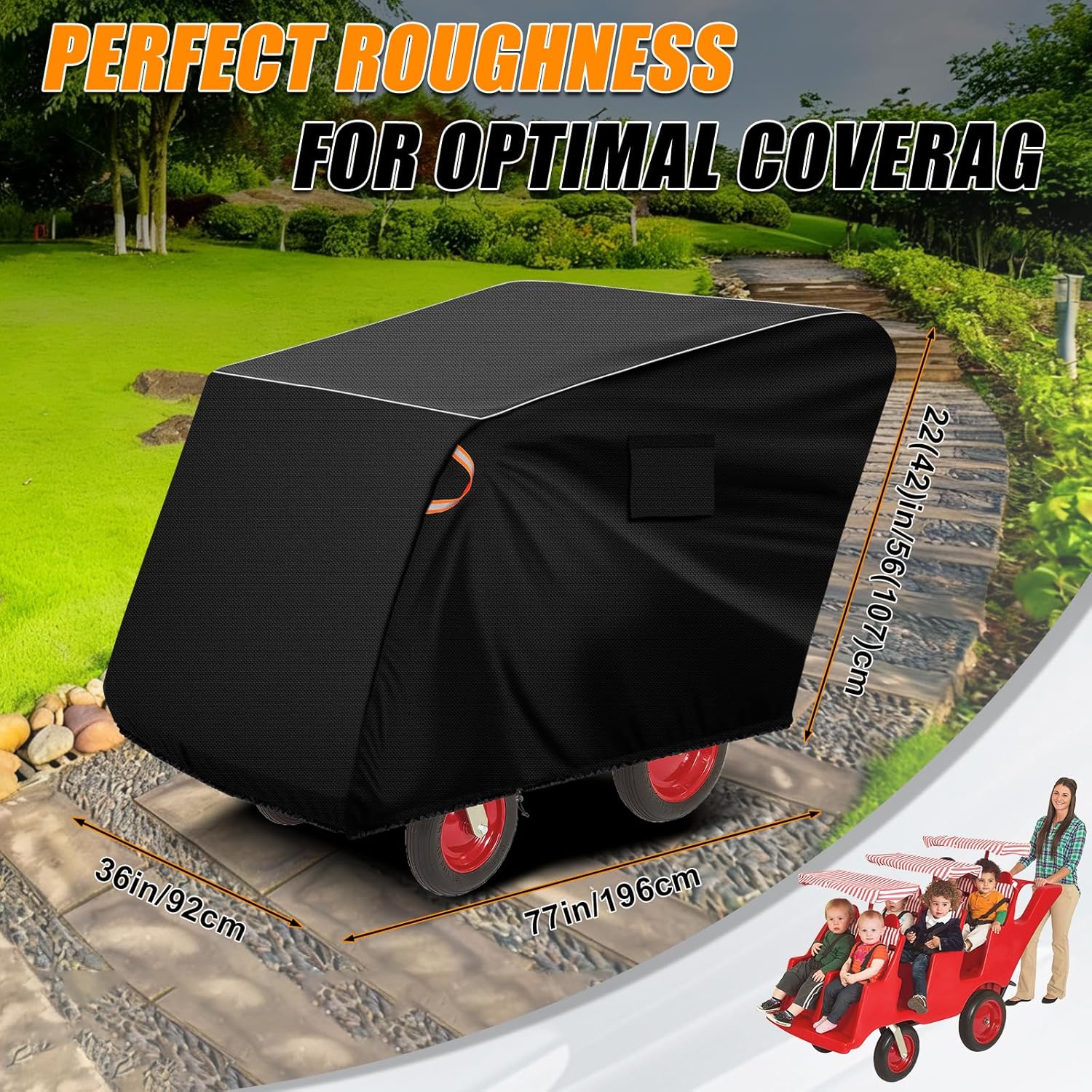 Storage Cover Compatible with Bye Bye Buggy 6-Passenger Stroller, 36” x 77” x 42” Heavy Duty 600D Oxford Waterproof Dustproof Protector for Non-Folding Multi-Child Daycare Strollers