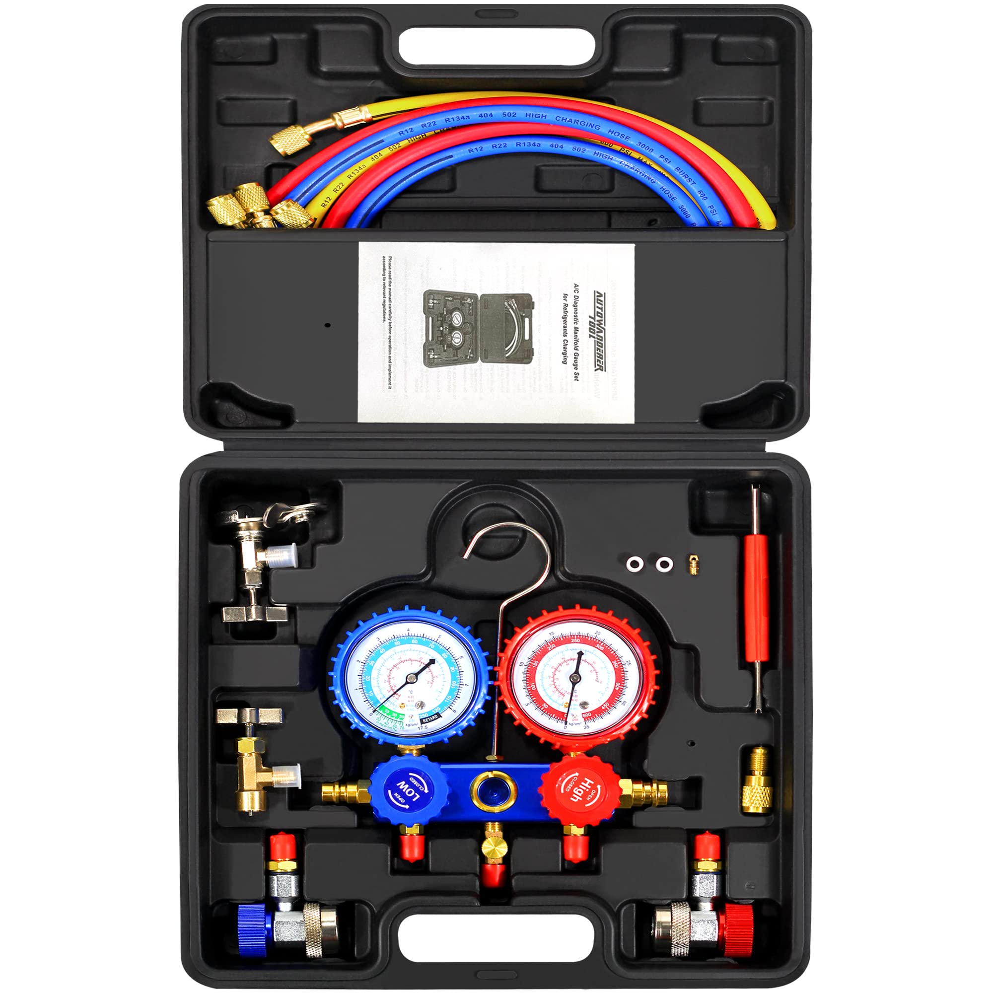 AutoWanderer Tool3 Way Manifold Gauge Air Conditioning Diagnostic Freon Charging Set - Fits R134A R404A