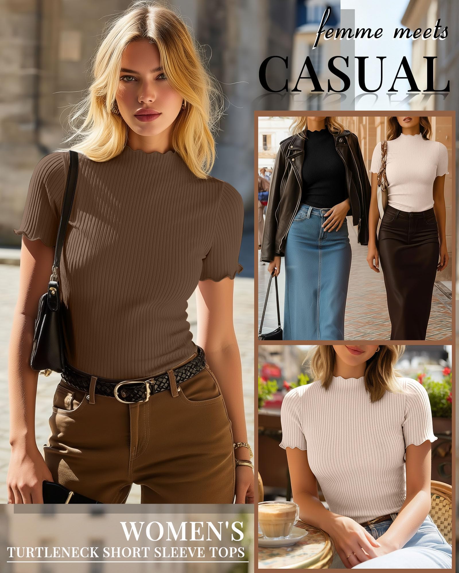 Geyoga 3 Tops Mujer Cuello Perkins | Camiseta De Algodón De Manga Corta, Tejido Acanalado Y Borde Ondulado. Ajuste Ceñido Y Tejido Elástico.