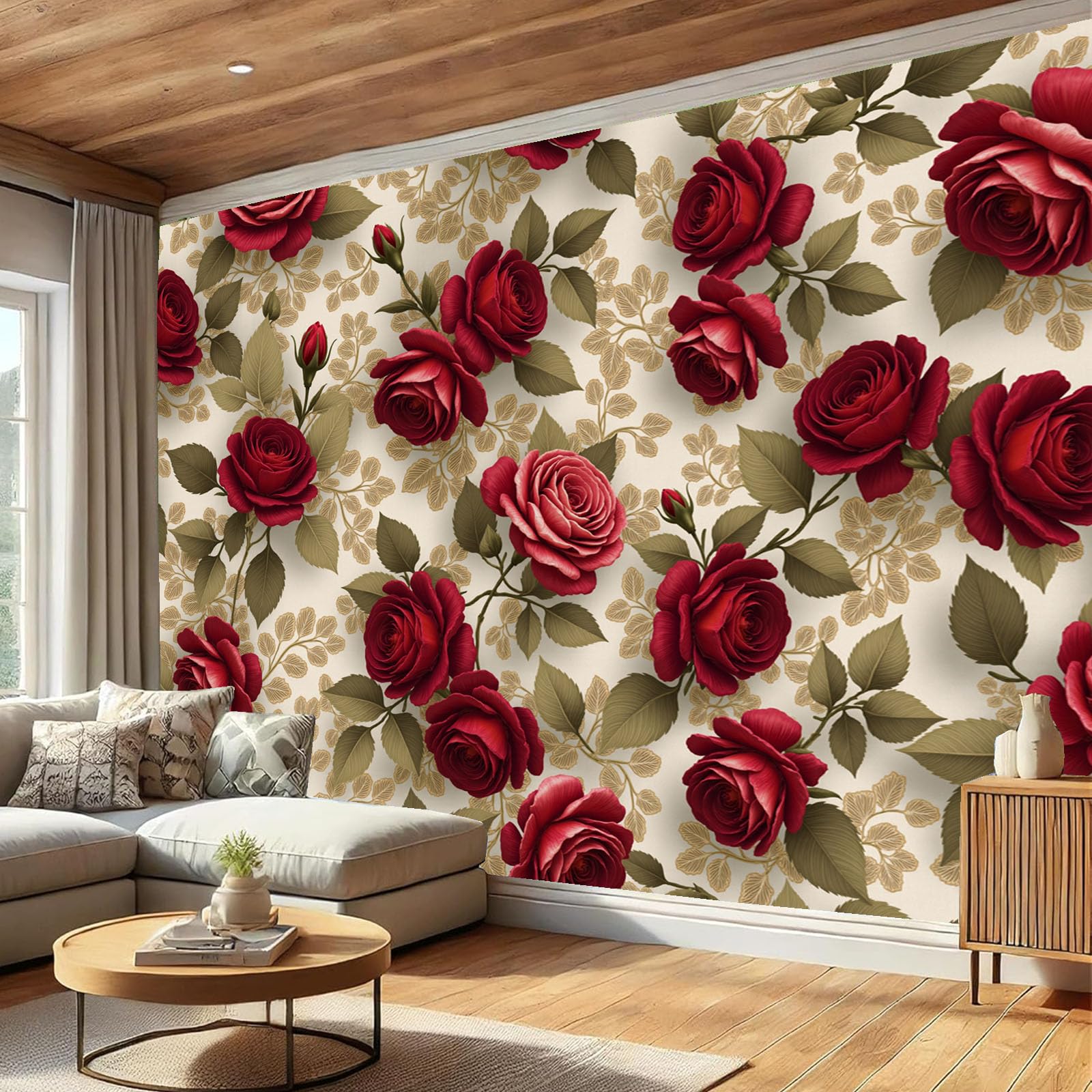 Papier peint panoramique roses rouges tapisserie photo fleurs élégantes 450x315cm
