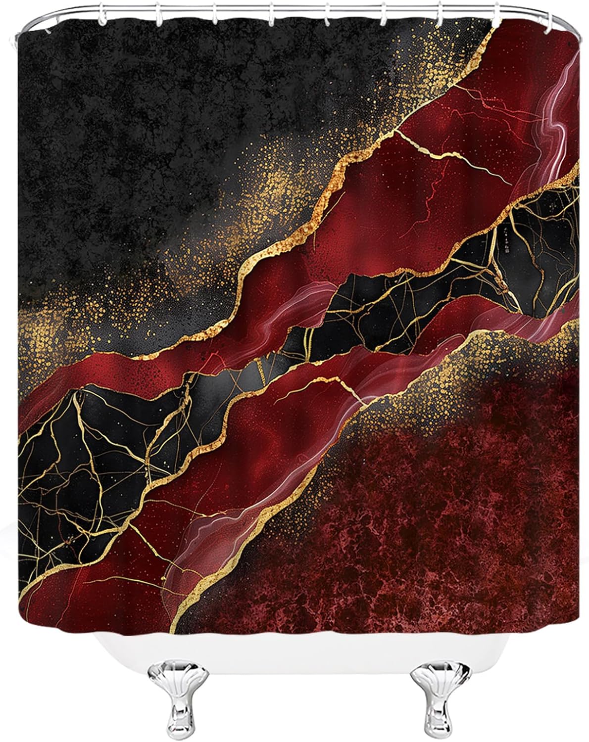 Red Marble Extra Long Shower Curtain, Abstract Burgundy Maroon Marble Gold Veins Texture Crack Ink Luxury Geometric Bathroom Home Curtain Decor with Hooks,70" Wx84 H