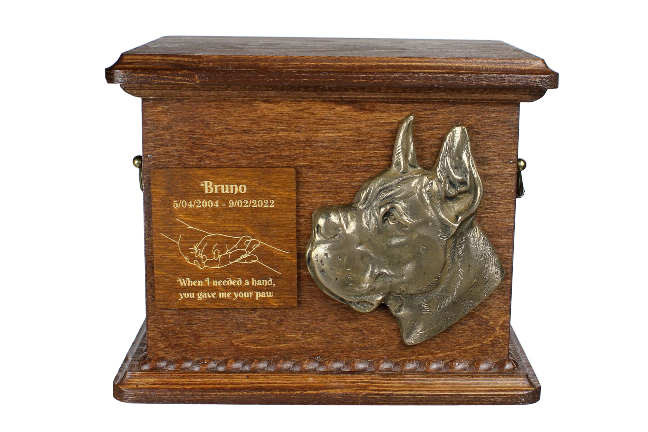 Art-Dog Urn for Dog Ashes - Handmade Memorial with Relief, Personalized Engraving, and Cold Cast Bronze Bust – Custom Pet Memorial Urn – 8.3x11.4x8.7” – Great Dane I