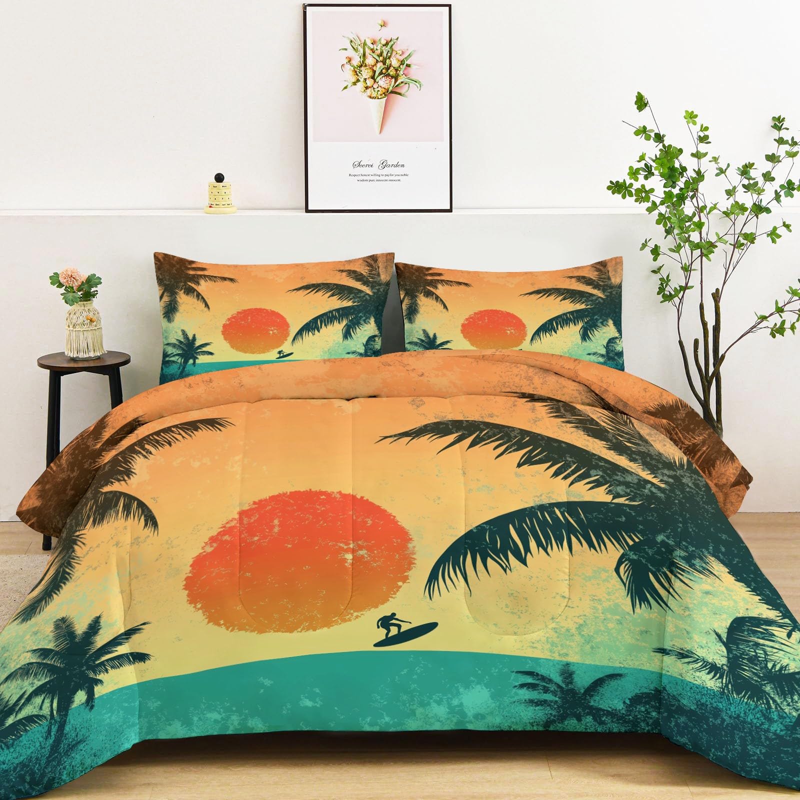 Retro Sunset Palm Tree Duvet z mikrofibry, kołdra na łóżko 2-osobowe 135x200 cm, wszystkie 4 pory roku i zima na łóżko, 2 poszewki na poduszki, kolor pomarańczowy