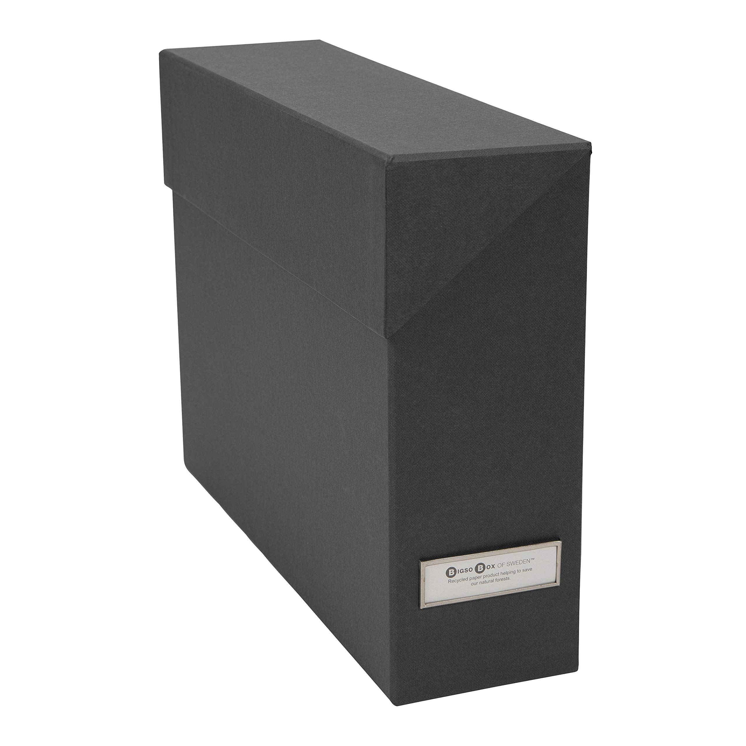 Bigso Lovisa Fiberboard Label Frame 12 File Storage Box | Document Organizer for Important Paperwork | Durable Hanging File Box with a Flip Top Lid & Metal Label Window | 3.7” x 13” x 9.4” | Dark Grey