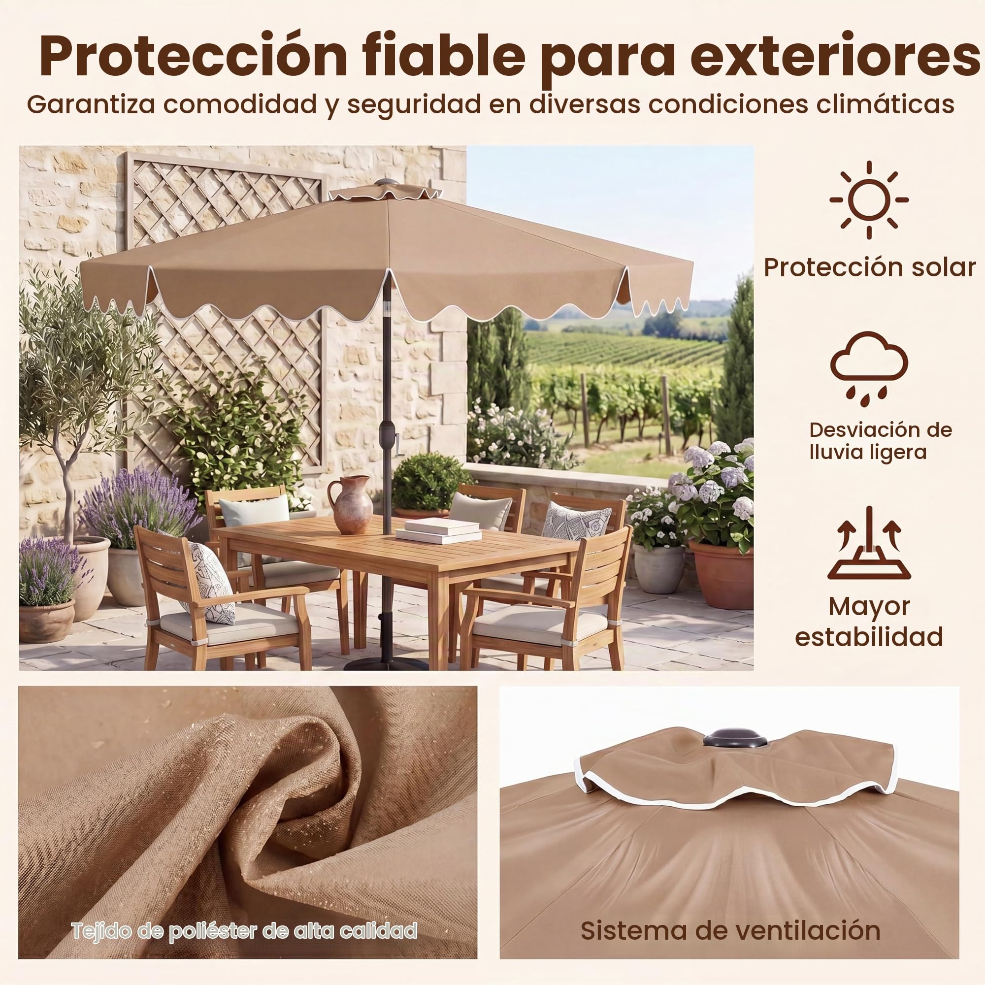KOMFOTTEU Sombrilla de Jardín 280 cm, Parasol Terraza Exterior con Manivela y Función de Inclinación, Sombrilla de Mercado con 8 Varillas, para Playa, Jardín, Piscina, sin Base