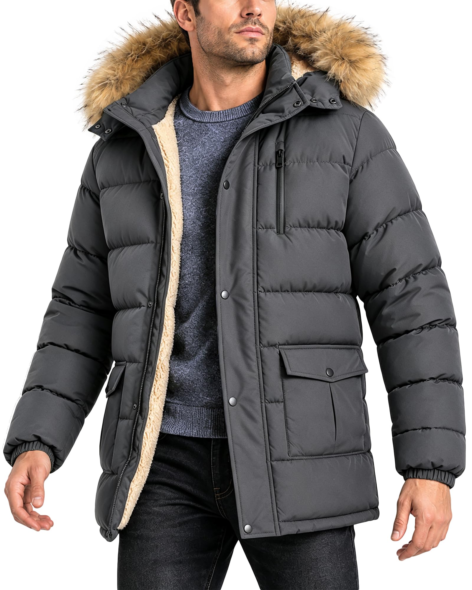 ZITY Men's Winter Jacket Thicken Sherpa Lined Fleece Parka Long Outerwear Fur Coats Water-Resistant Windproof Hooded Jackets