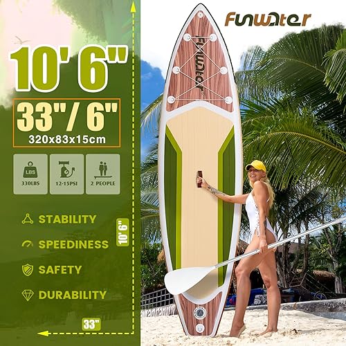 Miniatura 10 de FunWater Stand Up, tabla de Paddle inflable de 11 x 33 x 6 pulgadas, ultra liviana (20.4 libras) con accesorios ISUP, 3 aletas, remo ajustable,
