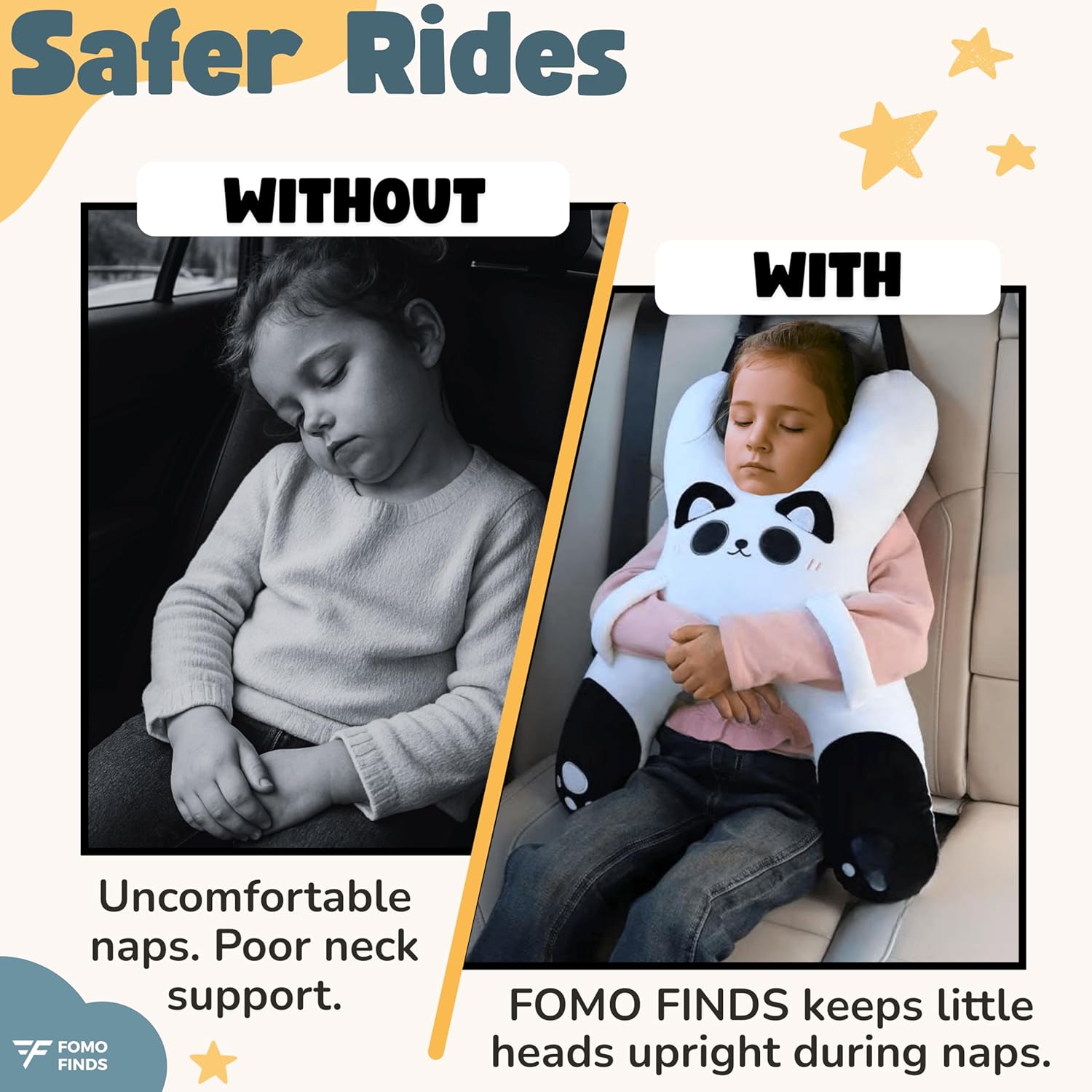 Kids Car Sleeping Pillow - X-Shaped Plush Animal for Neck & Back Support - Hands & Seat Belt Slot - Machine Washable & Compressible - Perfect for Car, Plane, Train, Boat & More - White - Image 4