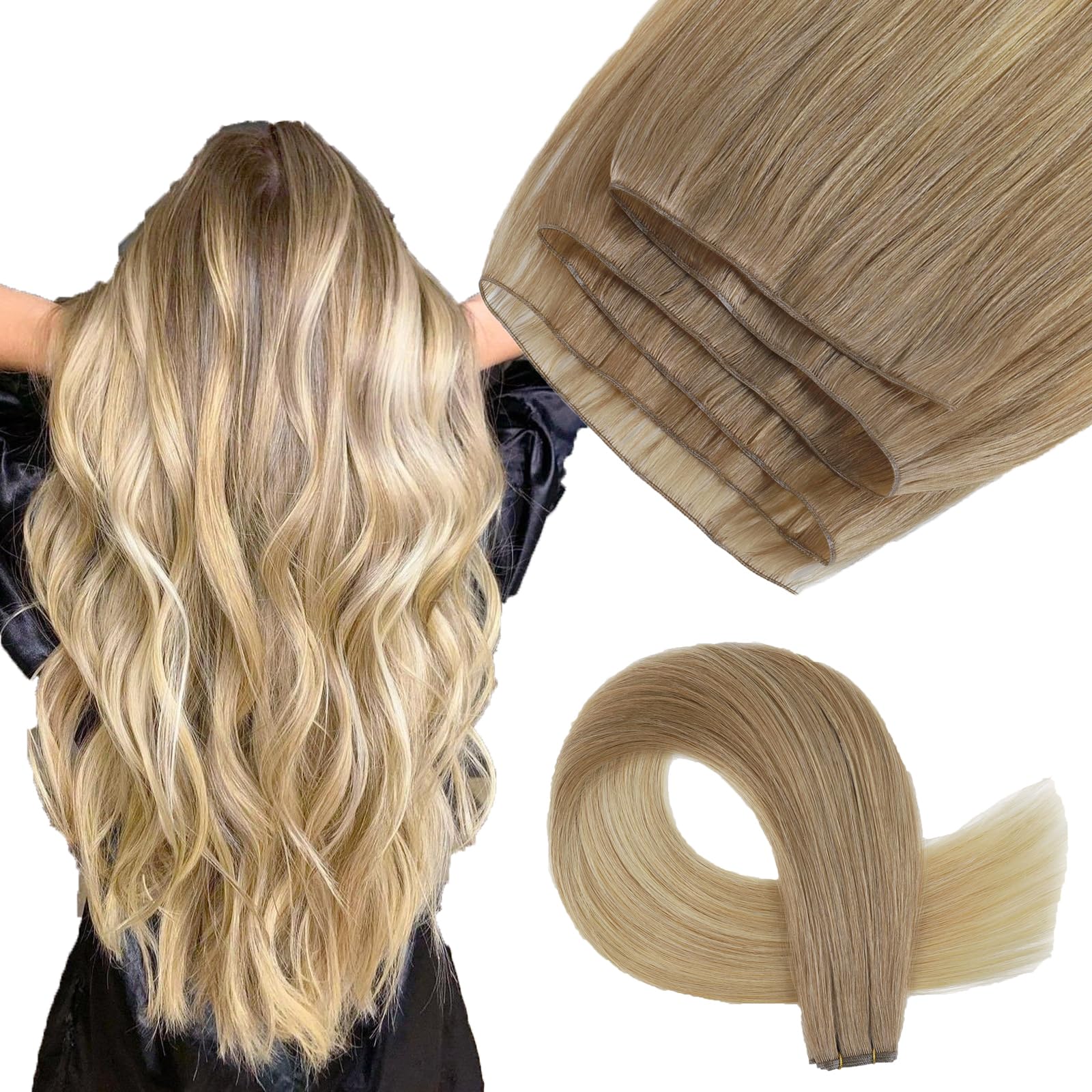 ABH AMAZINGBEAUTY HAIR Echthaar Tressen Balayage 40cm Braun Blond 50g | Remy Echthaar Genius Weft, Tressen Einnähen, Balayage Braun Blond Highlighted, Haarverlängerung Sew in Extensions