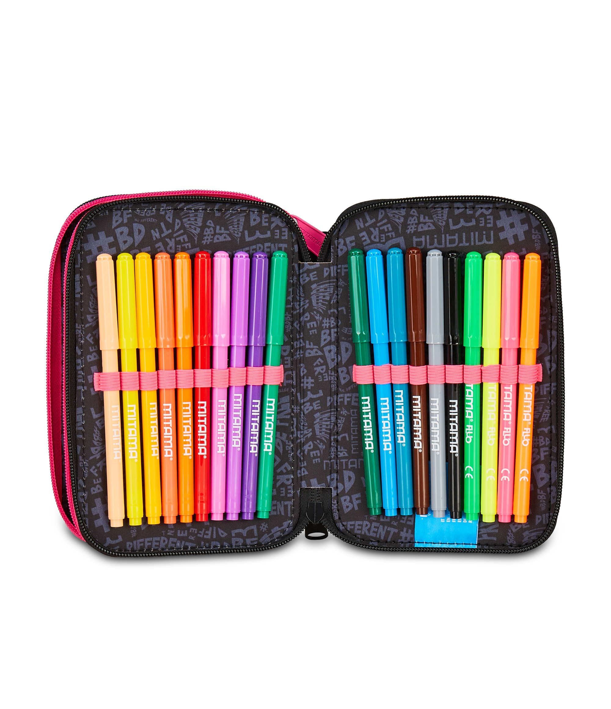 Mitama Estuche Escolar con 3 Compartimentos, Super Triple Music Pop - Contenido 47 Piezas, con lápices, rotuladores, portalápices para Escuela Primaria para niña