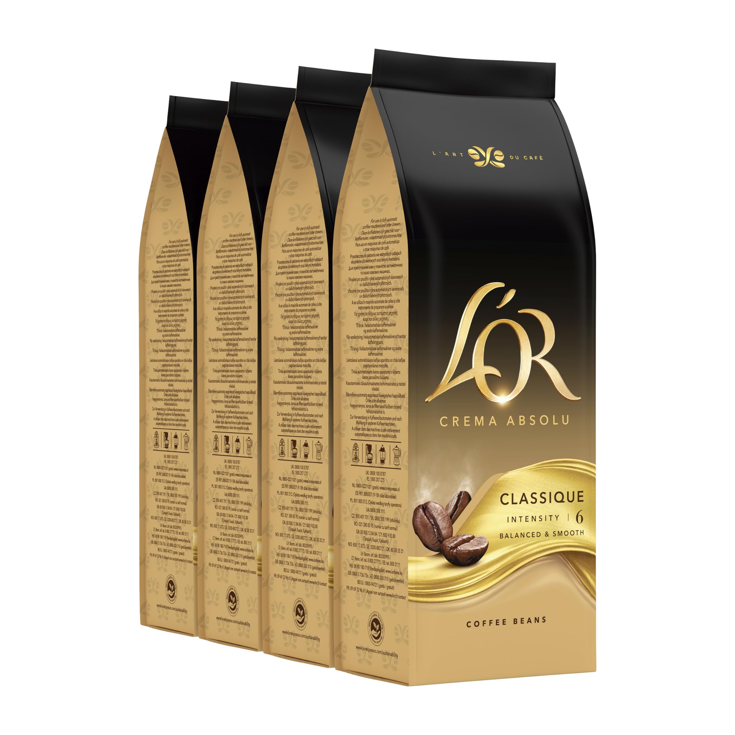 L'OR Crema Absolu Klasik Çekirdek Kahve,%100 Arabica, Zengin Lezzet, Yoğunluk 6, 500 Gram x4