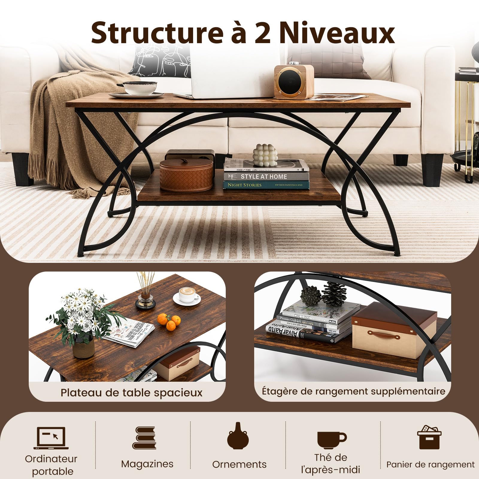COSTWAY Table Basse Salon Rectangulaire 2 Niveaux, Table Basse avec Cadre en Métal Noir, 2 Plateaux Design Rustique, Style Industriel, 100 x 50 x 45 cm(Marron Rustique)