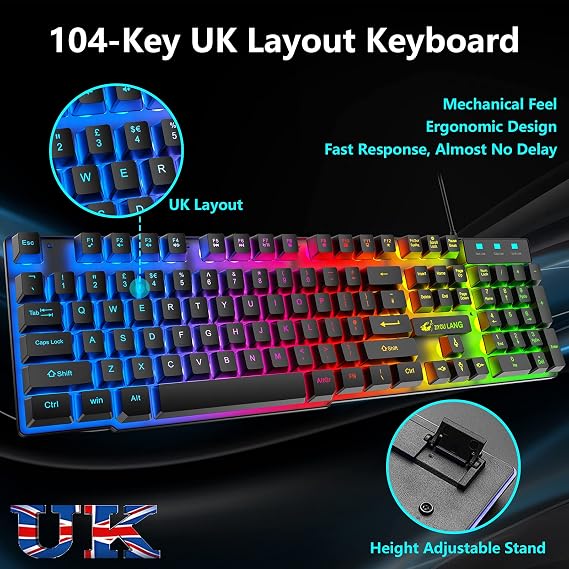 Gaming Keyboard and Mouse Set, 104 Keys UK Layout QWERTY Rainbow Backlit Keyboard, 2400 DPI 4 Buttons Colorful Mice, Comfortable MousePad, USB Wired, Compatible with Windows Mac PC PS4, Black