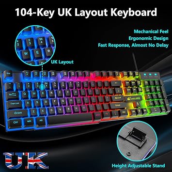 Gaming Keyboard and Mouse Set, 104 Keys UK Layout QWERTY Rainbow Backlit Keyboard, 2400 DPI 4 Buttons Colorful Mice, Comfortable MousePad, USB Wired, Compatible with Windows Mac PC PS4, Black