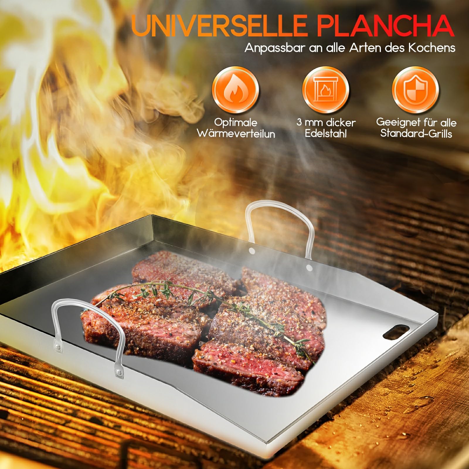 Plancha Grillplatte Edelstahl 40 x 30 cm, 4 mm Premium Plancha mit Griff