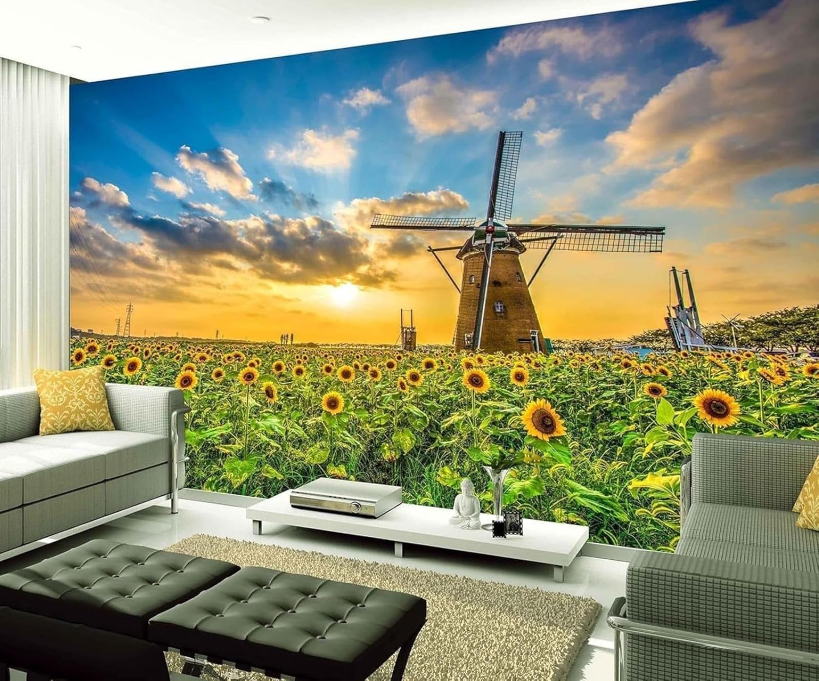 Décoration Murale 3D Moderne Nuage et Tournesol | Revêtement Premium Salon 200x140cm