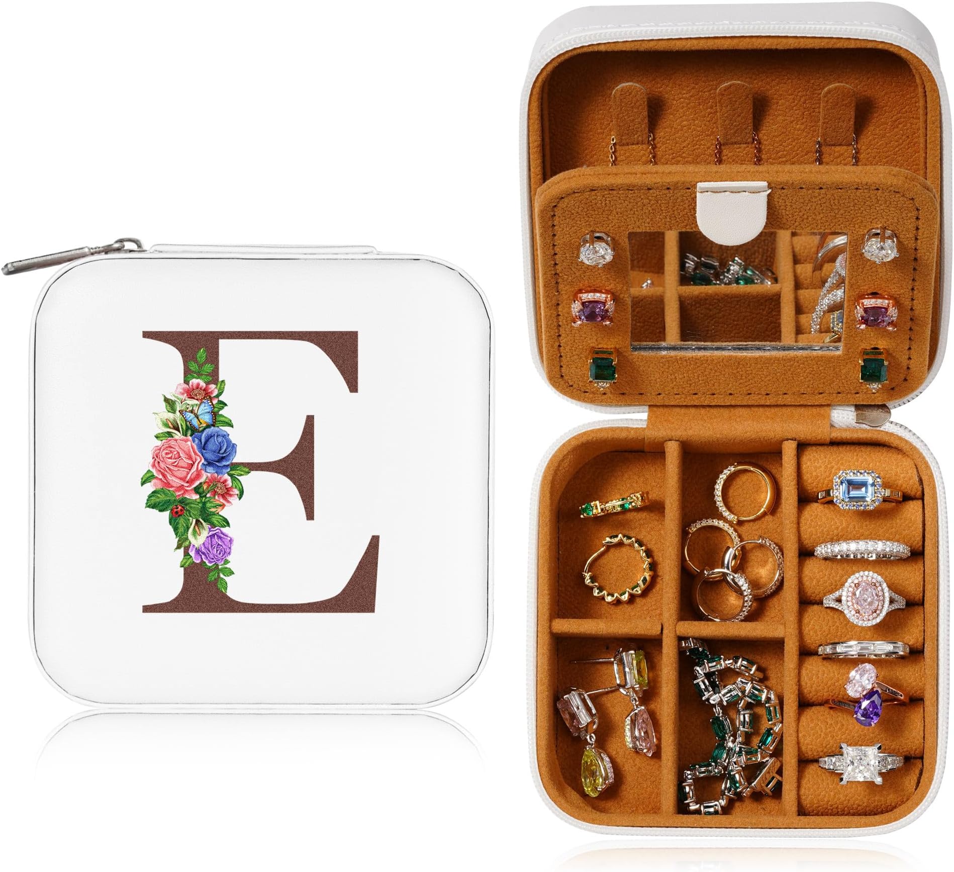 Yesteel Small Jewelry Case Jewelry Organizer Jewelry Box for Traveling, Bridesmaid Proposal Gifts Matron Maid Of Honor Proposal Gifts Bridal Shower Gifts, White Elephant Gifts for Adults Initial E