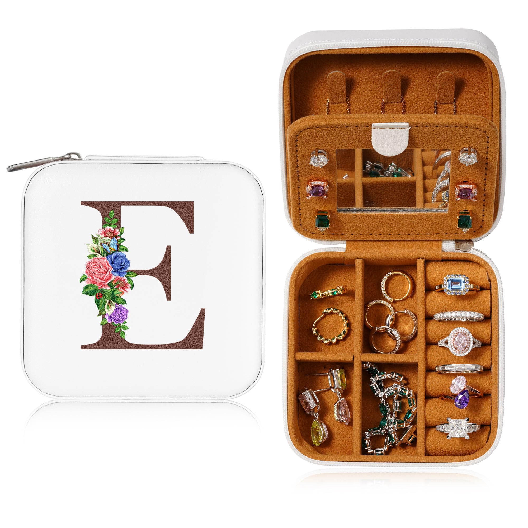 Yesteel Small Jewelry Case Jewelry Organizer Jewelry Box for Traveling, Bridesmaid Proposal Gifts Matron Maid Of Honor Proposal Gifts Bridal Shower Gifts, White Elephant Gifts for Adults Initial E