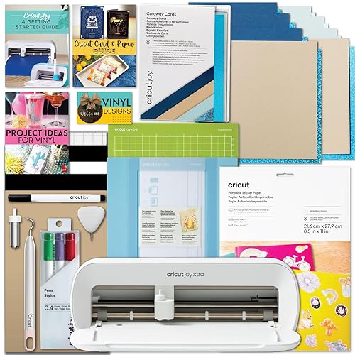 Cricut Joy Xtra Machine with Printable Sticker Paper and Card Kit Bundle - Sticker Making Set with Cutting Machine, DIY Greeting Cards with Pens and Envelopes, Craft Cutting Mats, Tools and Materials