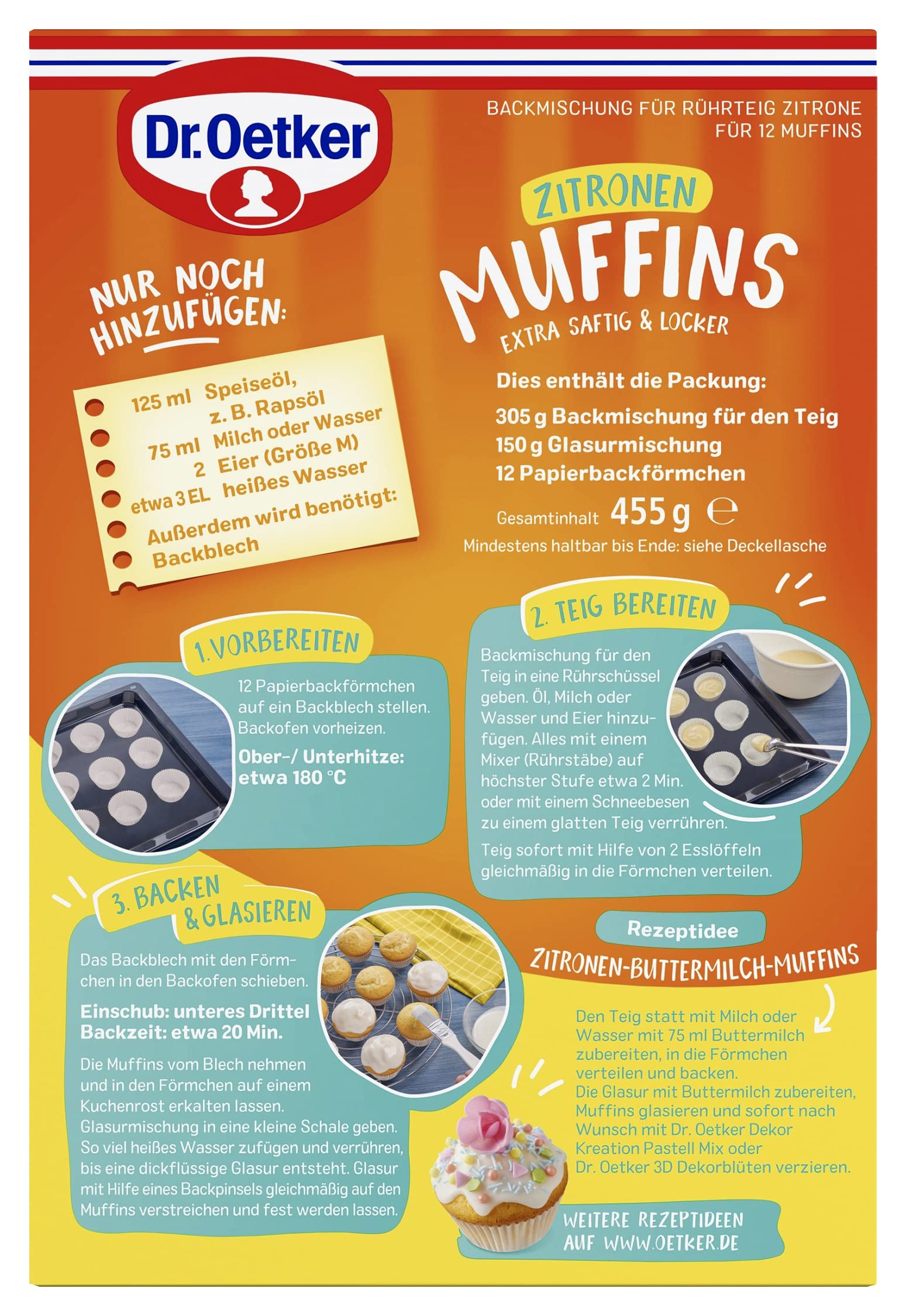 Dr. Oetker Muffins 12er Probier-Set Backmischungen Rührteig Schoko Marmor Zitrone klassisch Schokostückchen 12 Cupcakes Papierbackförmchen