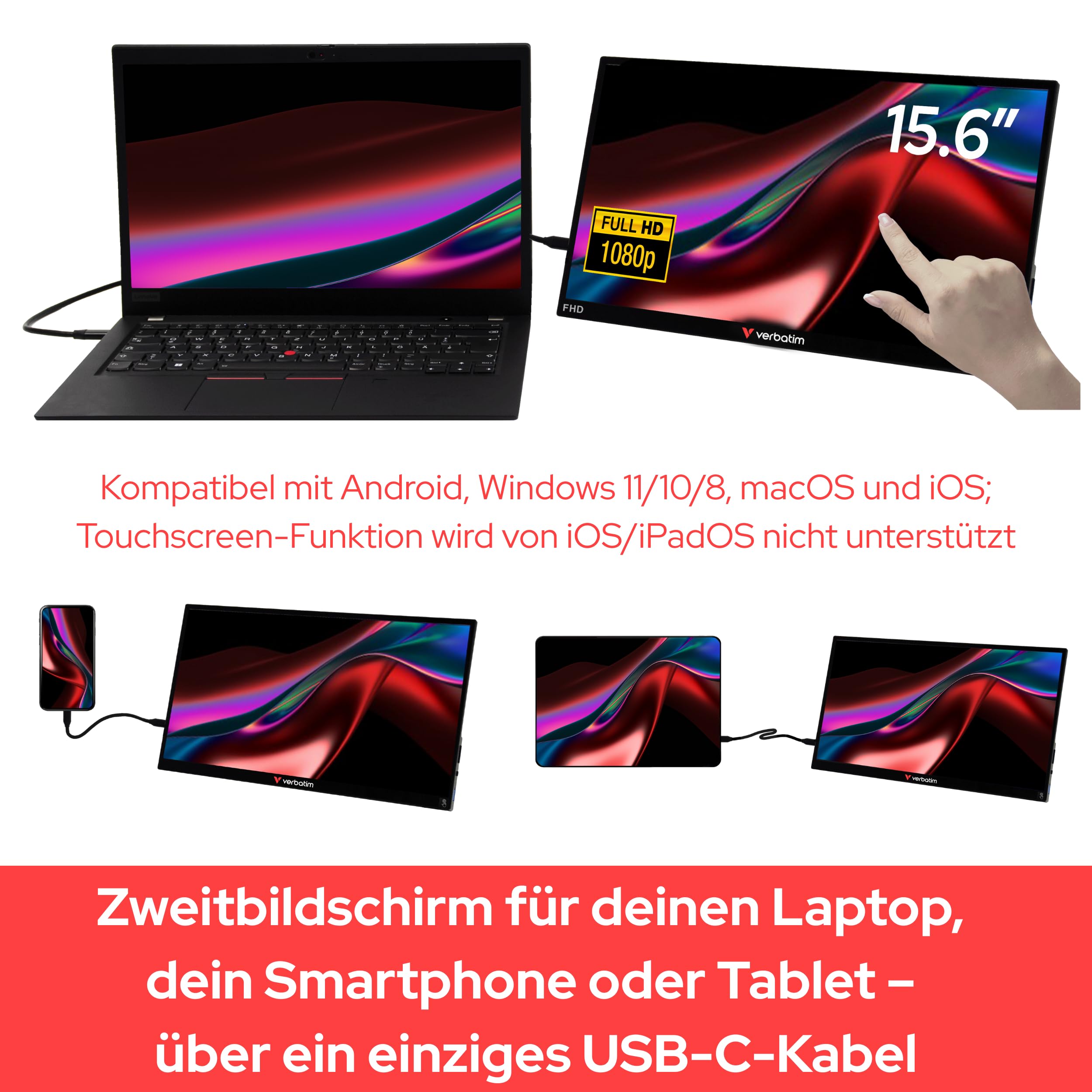 Verbatim PMT-15 LED-Monitor 39,6 cm 15.6" tragbar Touchscreen 1920 x 1080 Full HD 1080p IPS 1000:1 HDMI 2xUSB-C Lautsprecher | Tragbarer Monitor Touchscreen mit USB-C und HDMI für Macbook, PC, Laptop, Tablet, Konsole und mobiles Arbeiten unterwegs