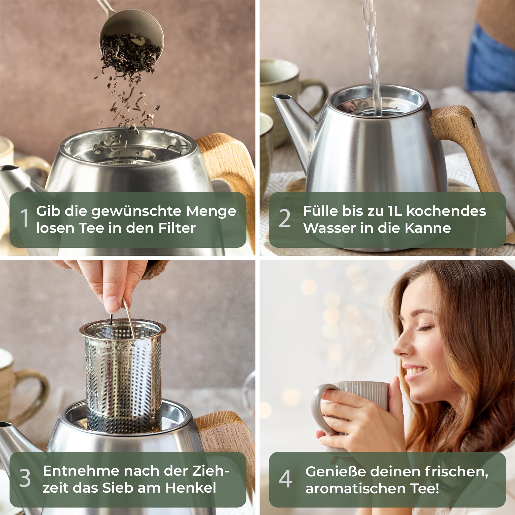 WALDWERK Teekanne mit Siebeinsatz - Doppelwandige Teekanne 304 Edelstahl - Teebereiter mit Eichenholzgriffen - 100% Tropffrei
