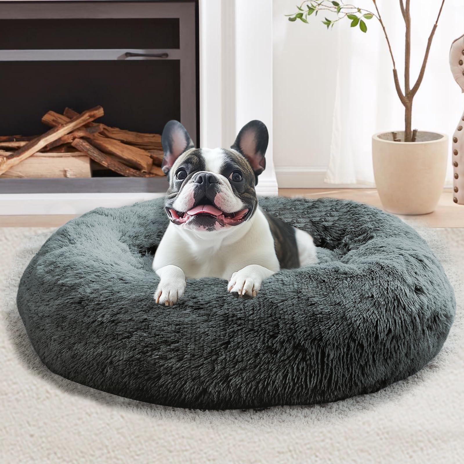 JOLLYVOGUE Calming Dog Beds Large Sized Dog, 36in Donut Washable Large Pet Bed, Anti-Slip & Anti-Anxiety Fluffy Faux Fur Round Dogs Bed, Fits up to 80 lbs Pets (Smoke Brown): 27.0"L x 27.0"W x 8.0"Th Navy Grey