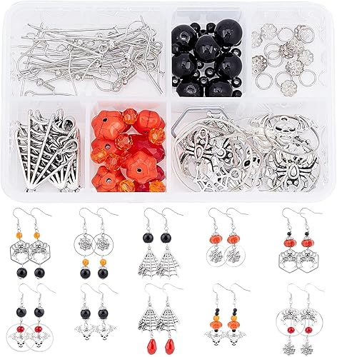 Miniatura 20 de SUNNYCLUE 1 caja de 10 pares de aretes de Halloween, kit de iniciación de esqueleto, hueso, araña, calabaza, cuentas de vidrio para kits