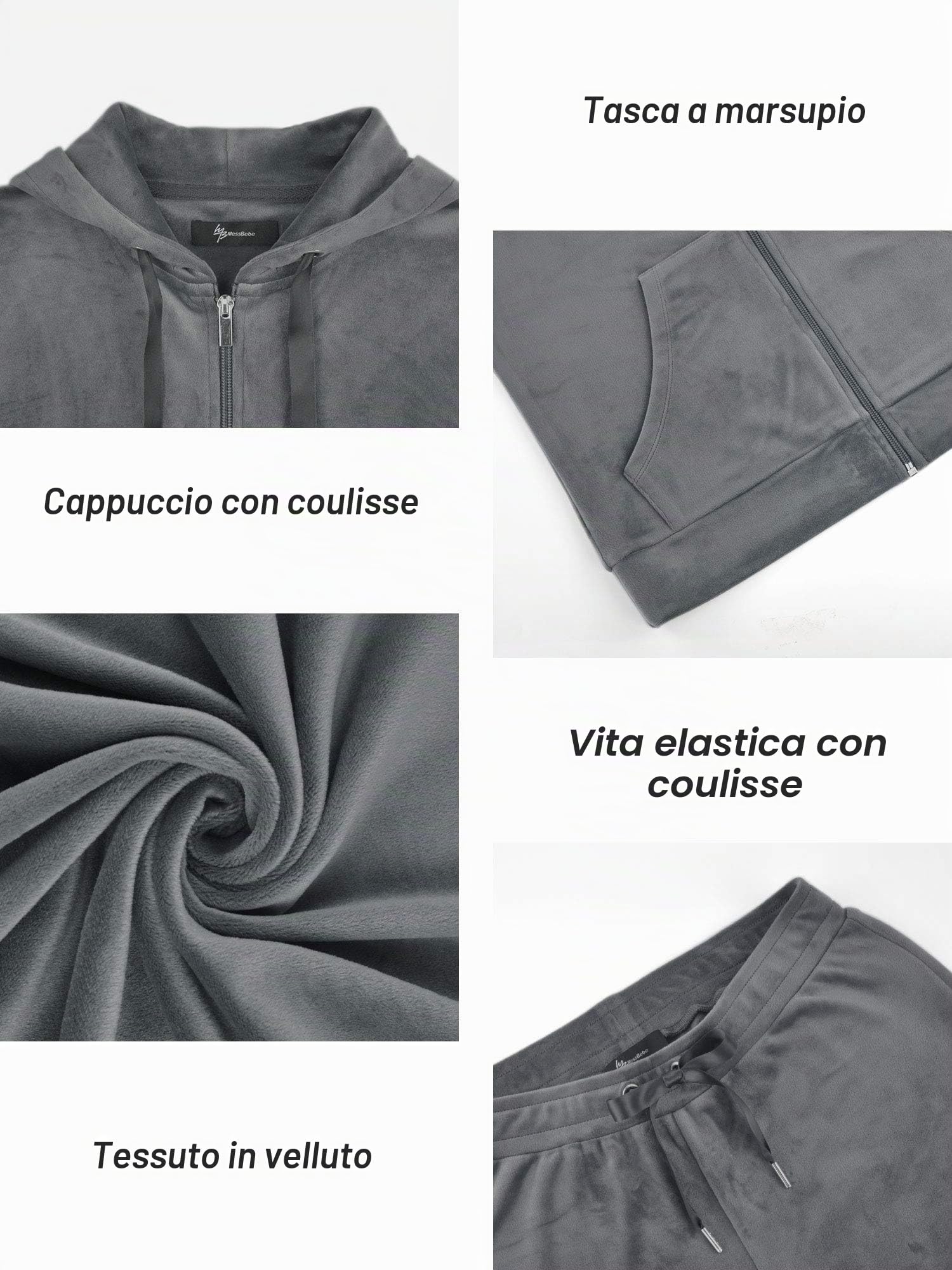 MessBebe, tuta da ginnastica da donna in velluto per il tempo libero lo sport 2 pezzi felpa con cappuccio a maniche lunghe con zip e pantaloni lunghi sportivi grigio., L