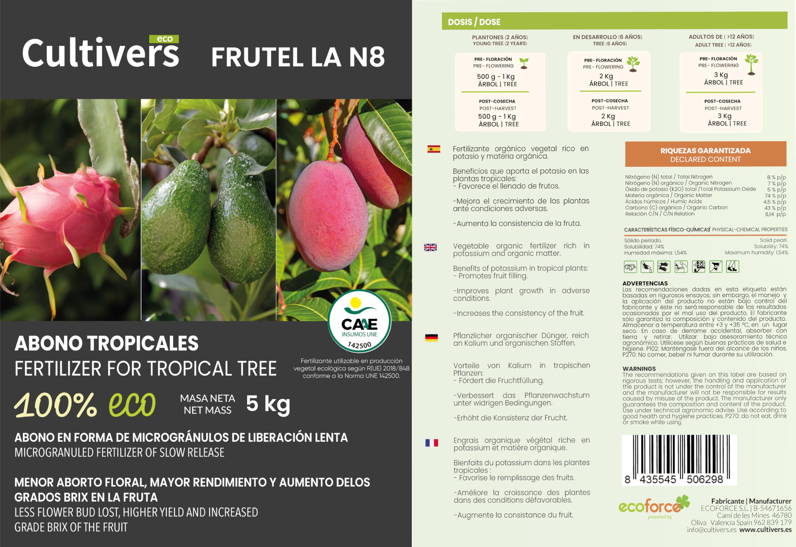 CULTIVERS Engrais Organique pour Plantes Tropicales et Arbres pour Avocat, Mangue, Litchi, Pitahaya, Papaye et Goyave, 5 Kg
