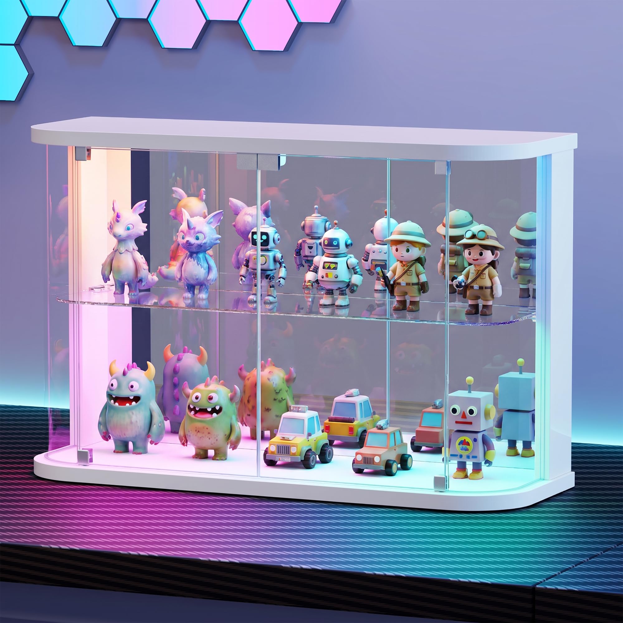 Vlsrka Glasvitrine mit LED Beleuchtung und Glastüren, Glas Vitrinenschrank | Vitrine mit RGB-Licht, Sammlerstücke Präsentieren, Figuren Aufbewahren, Temperglas, Push-to-open, Wohnzimmer Schlafzimmer