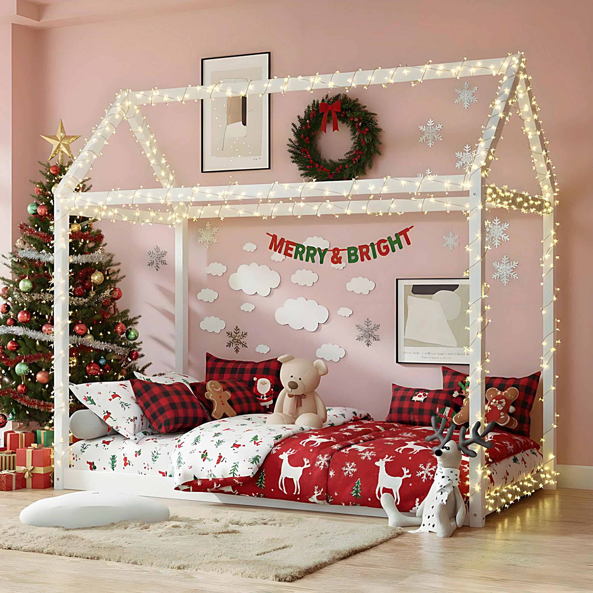 Twin Size House Floor Bed in White, Montessori Wood Bed Frame with Slats for Kids, Low to Ground No Box Spring Needed, Easy to Assemble for Boys & Girls