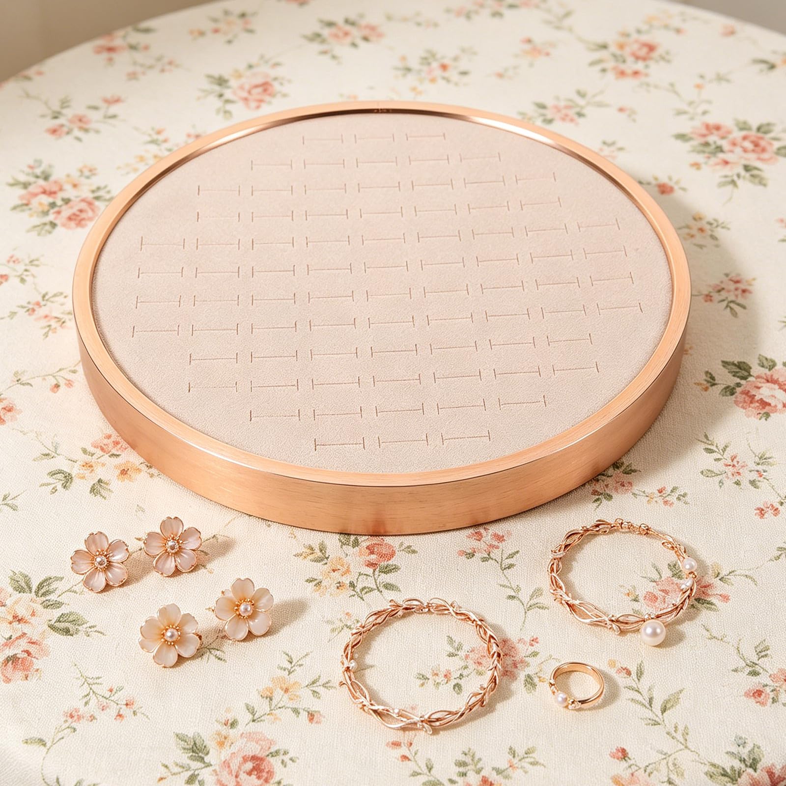 Bandeja redonda para joyas: organizador de pendientes con 68 ranuras, bandeja para exhibir collares de 29,6 cm (11,65'') - Plato decorativo para guardar anillos, collares, llaves y