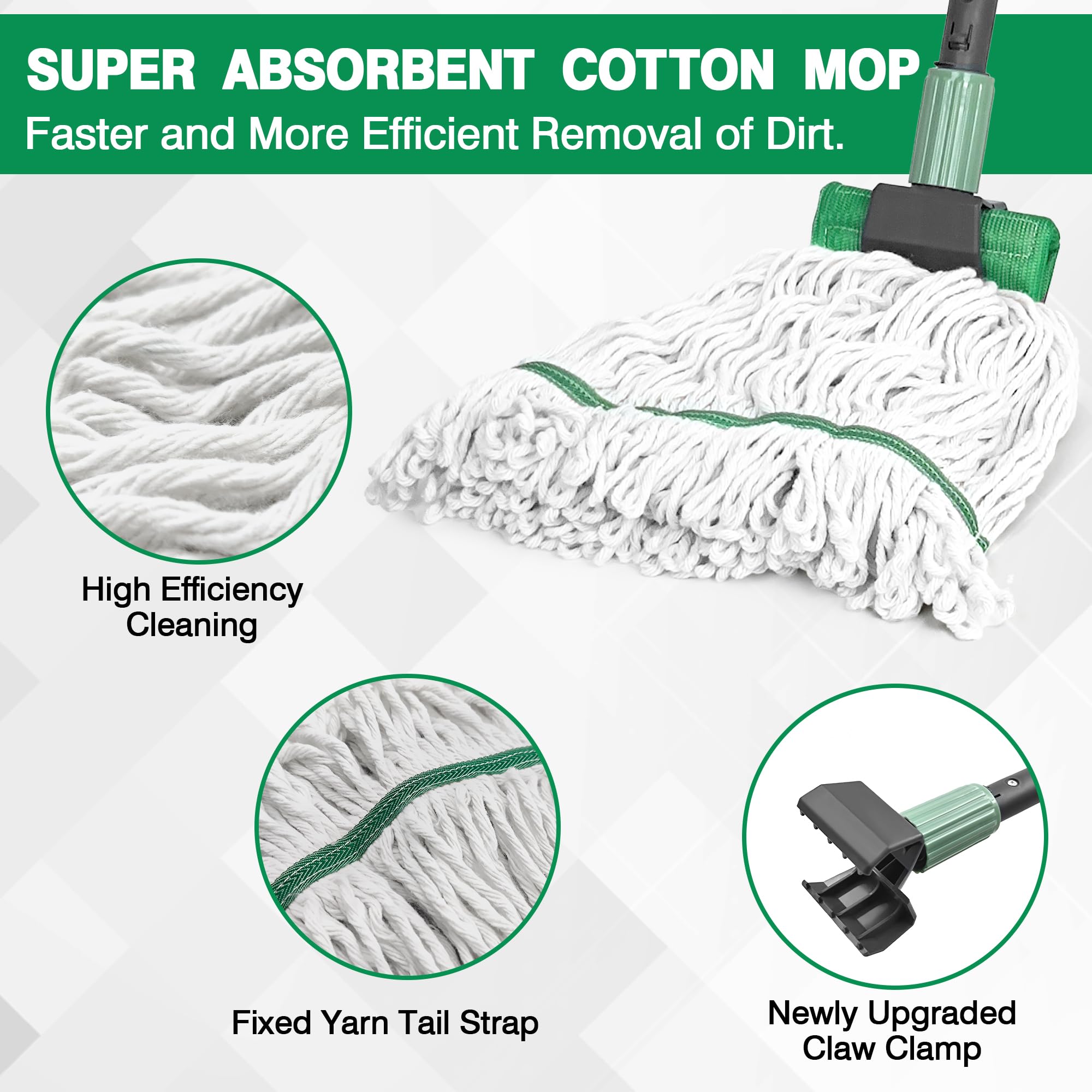 Balai Humide Robuste Avec Manche Réglable 100-145 Cm - Tête En Coton Lavable, Serpillère Pour Sols Carrelés, Bois, Garage