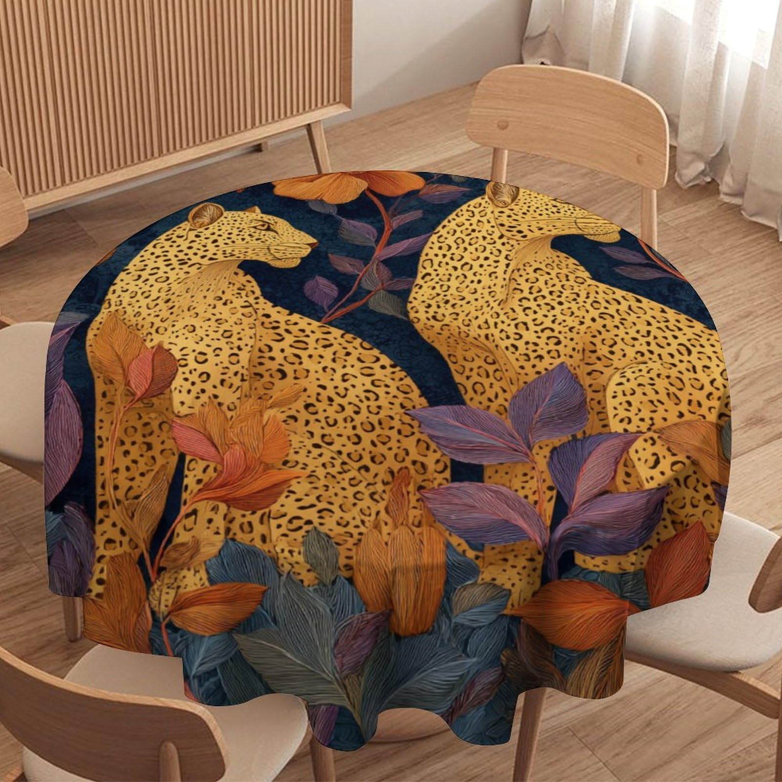 LUYYSKY Classic Realistic Wildlife Leopard Waterproof Round Tablecloth Mid Century Watercolor Plants Flowers Animals Leopard Print Washable Table Cover for Kitchen-127 Wx127 L cm