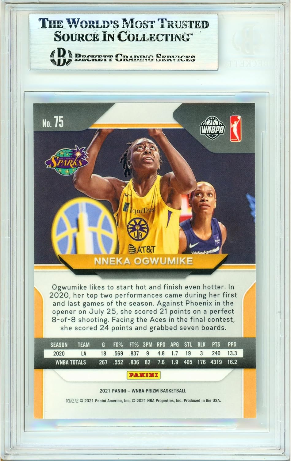 Nneka Ogwumike Autographed 2021 Panini Prizm WNBA #75 Basketball Card Slabbed Beckett BAS Authentic Slabbed COA Played For Los Angeles Sparks