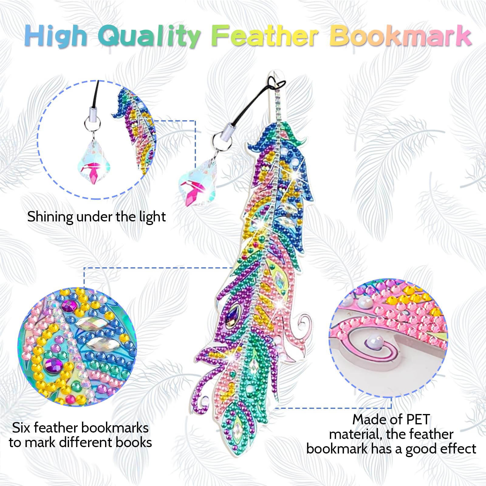 6Pcs Diamond Painting Bookmarks DIY Kit Diamond Art Feather Bookmarks for Women Crystal Creations Arts and Crafts Kits for Kids Adults - Image 3