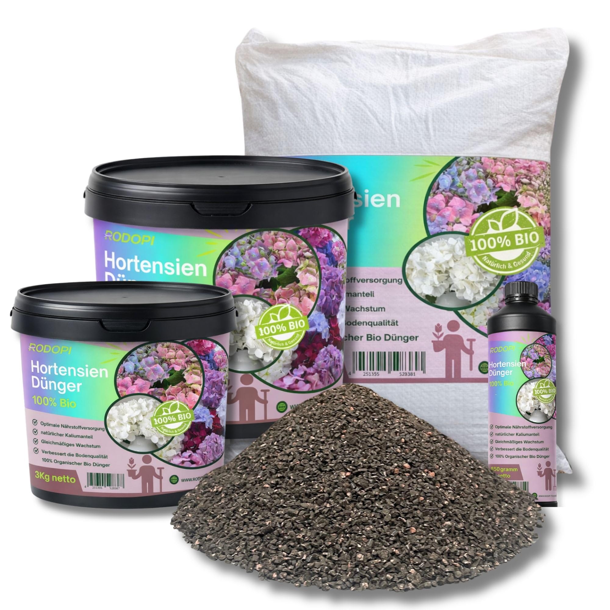 Bio Hortensien Dünger NPK 7-3-8 - Spezialdünger für Hortensien, Kamelien & Bougainvillea - Sofort- und Langzeitwirkung bis 100 Tage - für Garten, Balkon, Terrasse & Kübel 7Kg