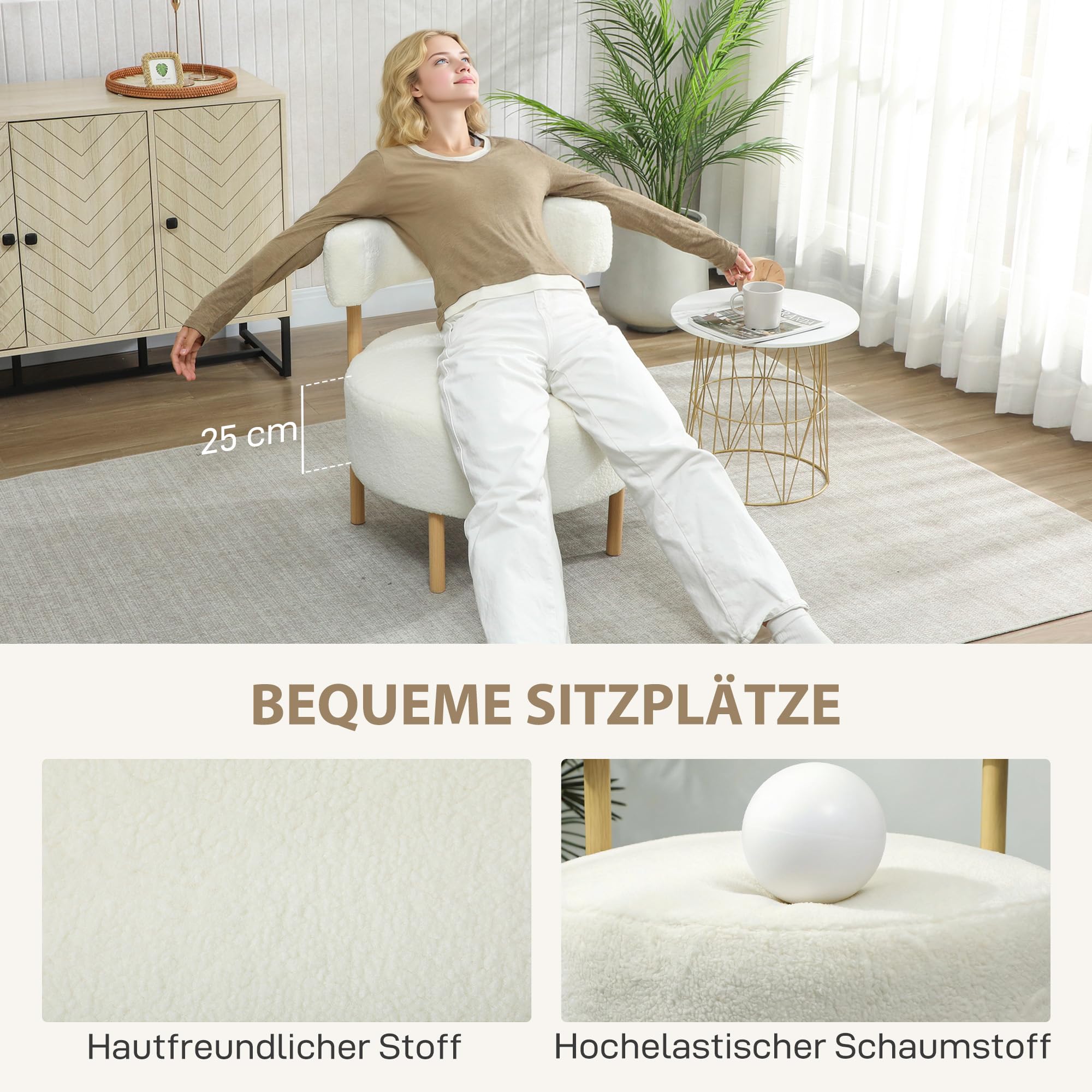 HOMCOM Sessel Loungesessel Relaxsessel mit Sherpa-Fleece, Metallbeinen in Holzoptik Polstersessel Lesesessel Einzelsofa für Wohnzimmer, Schlafzimmer, Cremeweiß