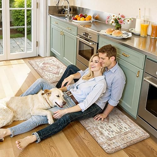 Vista 343 de KIMODE - Juego de 2 tapetes de cocina bohemios, antifatiga, antideslizantes, impermeables, ergonómicos, acolchados, cómodos, para lavandería, Caqui