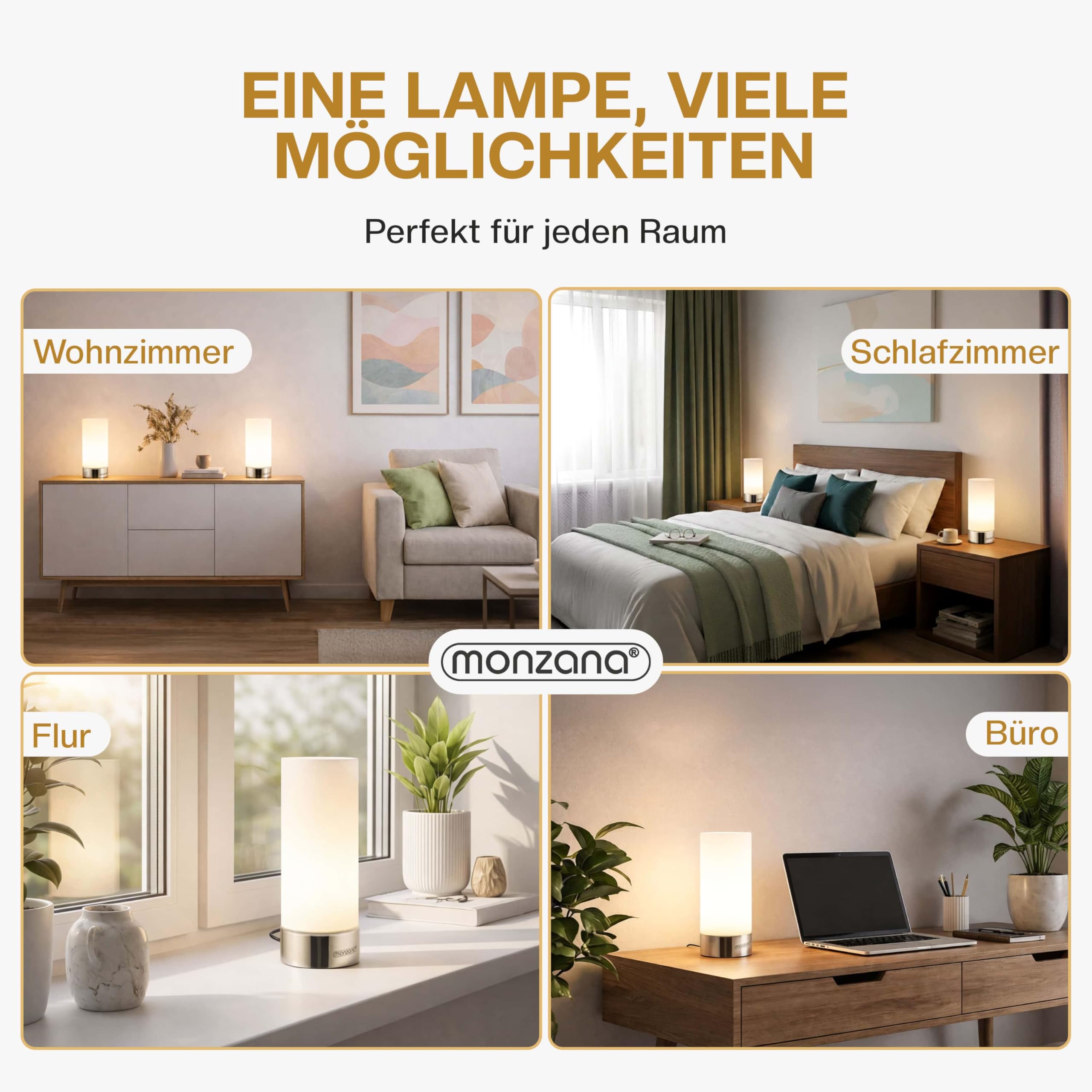 Monzana® Nachttischlampe 2er Set Touch Dimmbar mit LED Leuchtmittel Glasschirm Tischlampe Tischleuchte Wohnzimmer Schlafzimmer Nachtlicht Leselampe