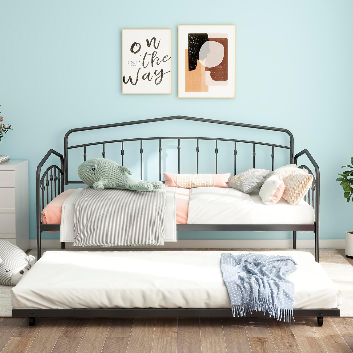 Twin Size Daybed with Trundle,Metal Day Bed Frame,Heavy Duty Trundle Bed Twin with Steel Slats for Living Room,Bedroom and Guest Room,Black