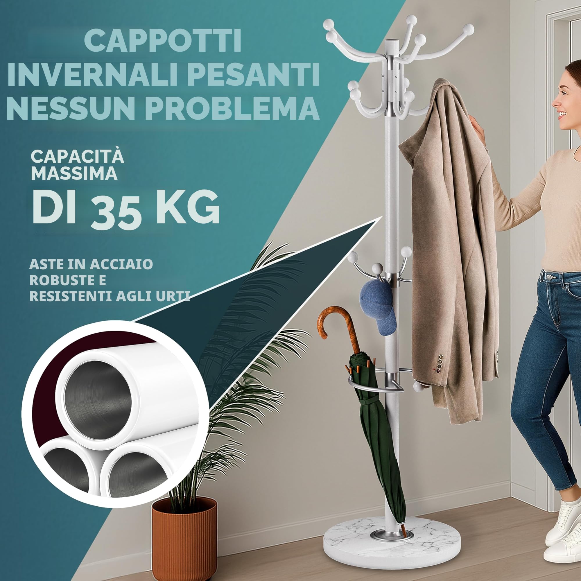 Casaria® Attaccapanni in Metallo con Base 14 Ganci Ruotabile 360° 37x37x175cm Corridoio Ufficio Appendiabiti Bianco