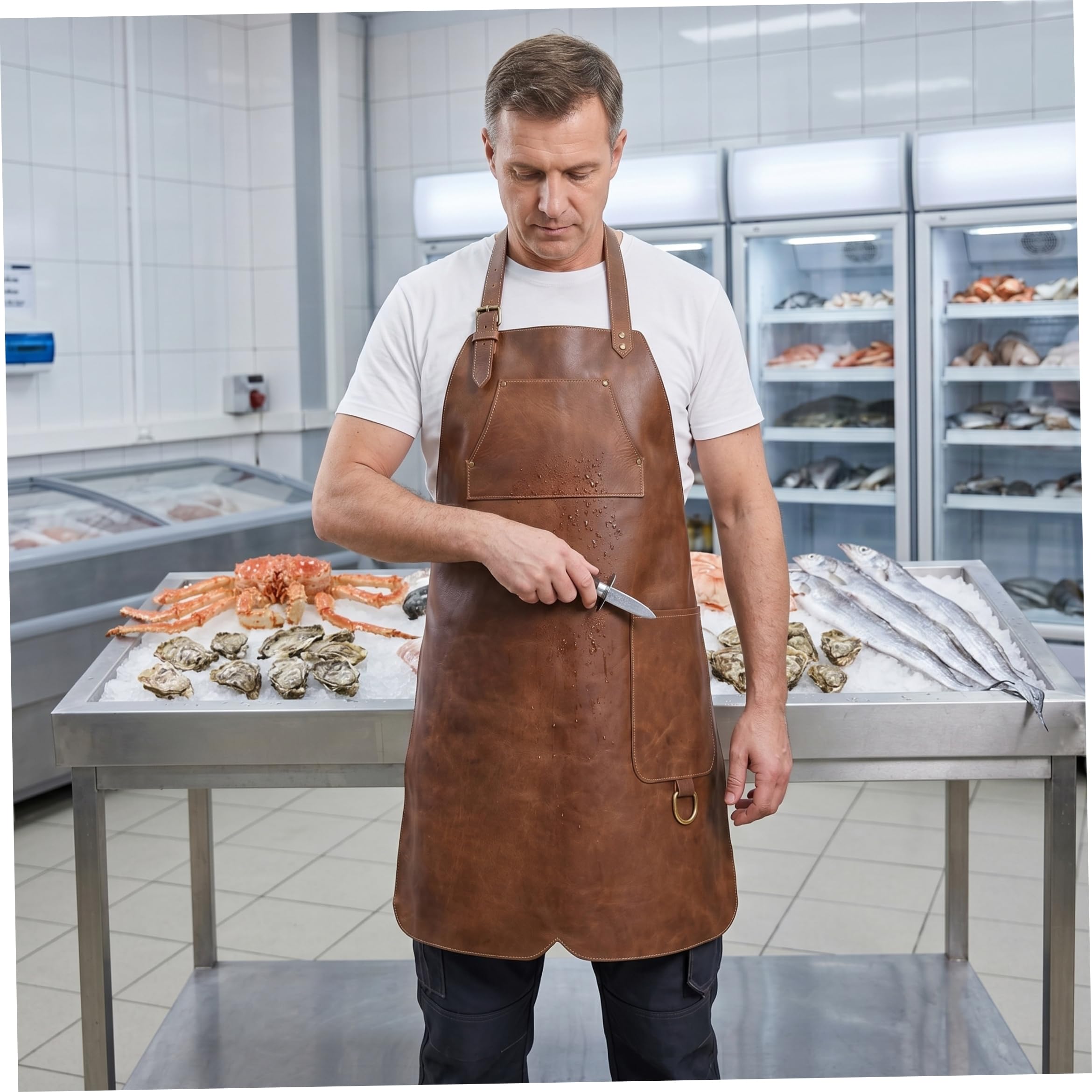Delantal de barbacoa de cuero para hombre impermeable y resistente al aceite con correa ajustable para el cuello y bolsillo para herramientas - Delantal de cuero marrón para hombre impermeable