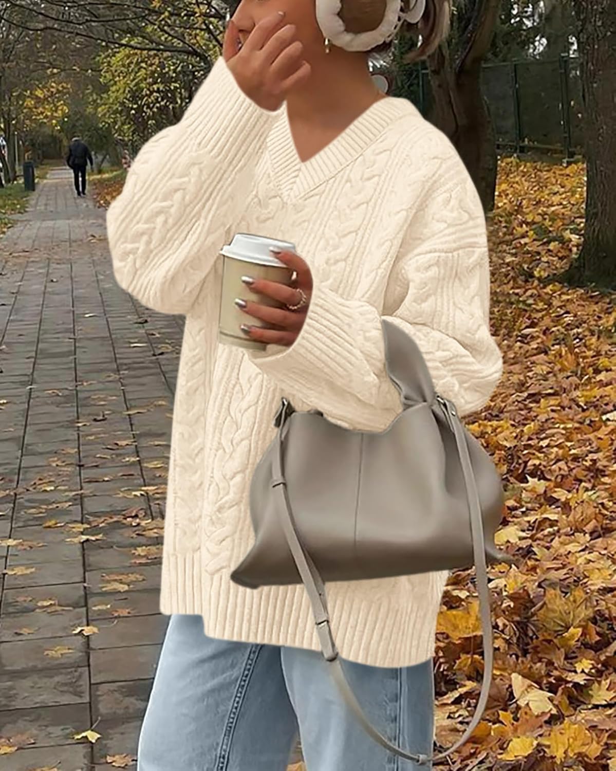 Okiwam Women's Oversized Sweaters Long Sleeve V Neck Cable Knit Pullover Tops Fall Outfits Spring Fashion Clothes 2026 - Image 3