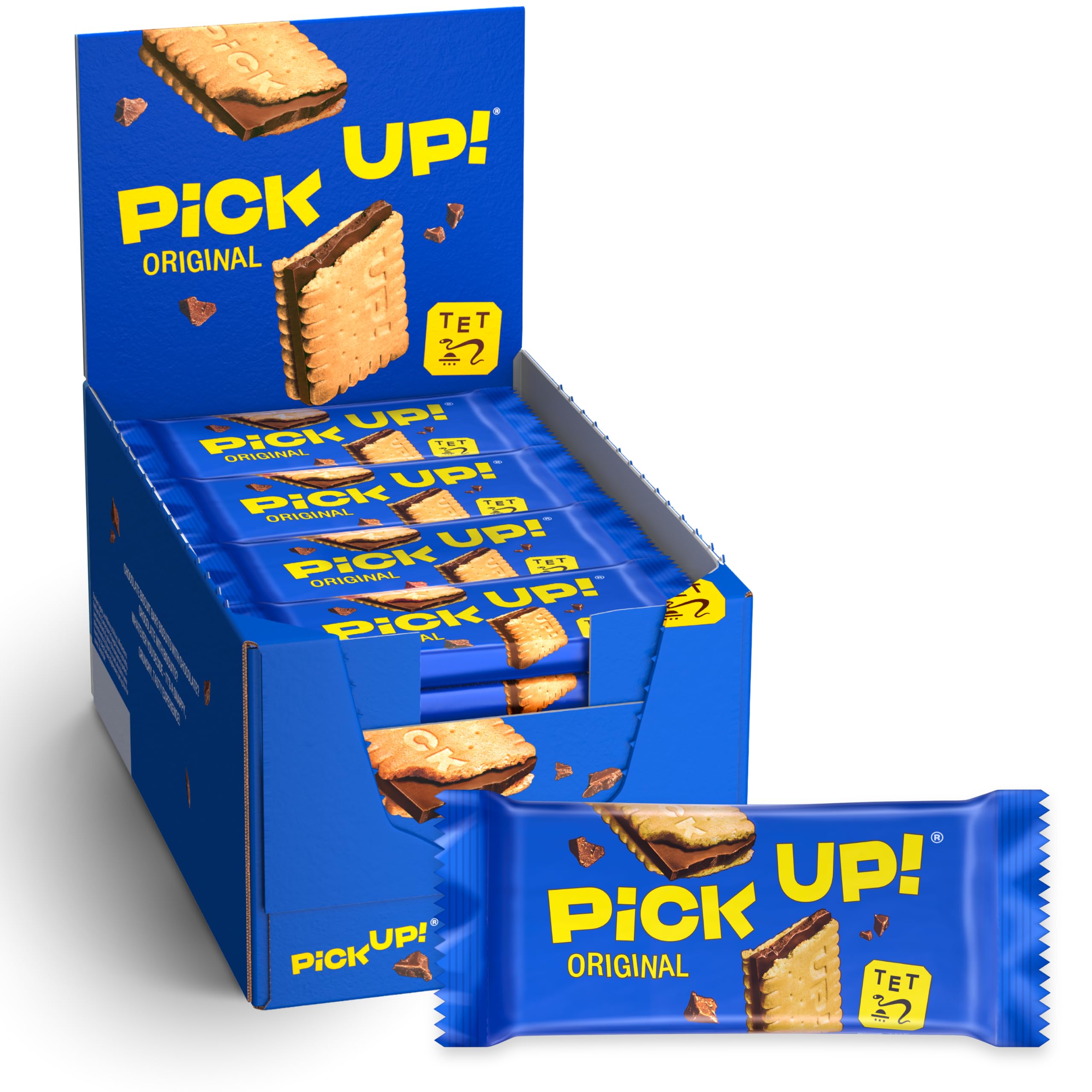 PiCK UP! Original (24 x 28 g), Keksriegel mit knackiger Milchschokolade zwischen zwei Keksen, der Snack für unterwegs, Thekenaufsteller mit 24 Stück