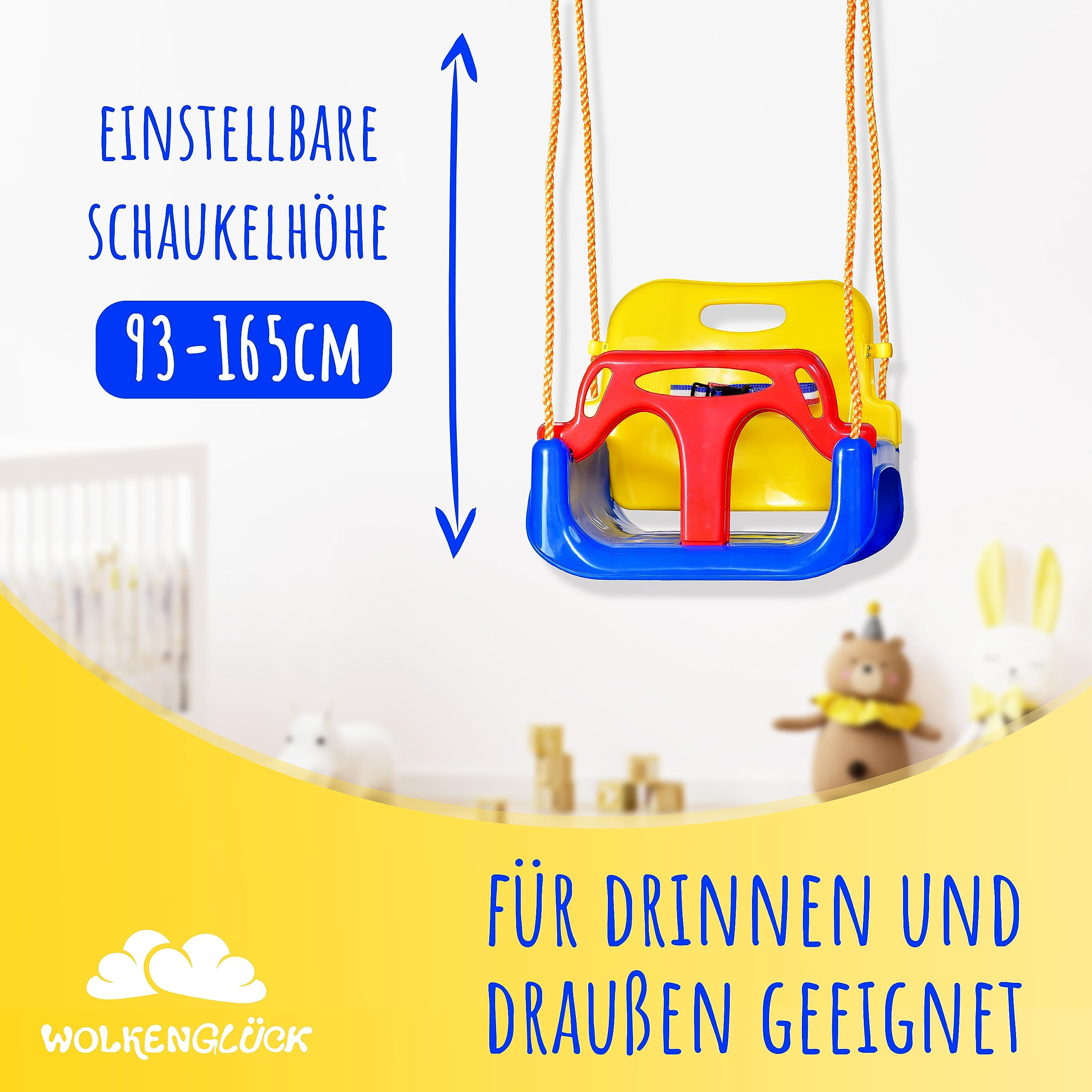 WOLKENGLÜCK® Babyschaukel 3 in 1 [6 Monaten bis 6+ Jahre] | Mitwachsende Kinderschaukel für Outdoor & Indoor | Hochwertige Schaukel inkl. Rückenlehne & Anschnallgurt