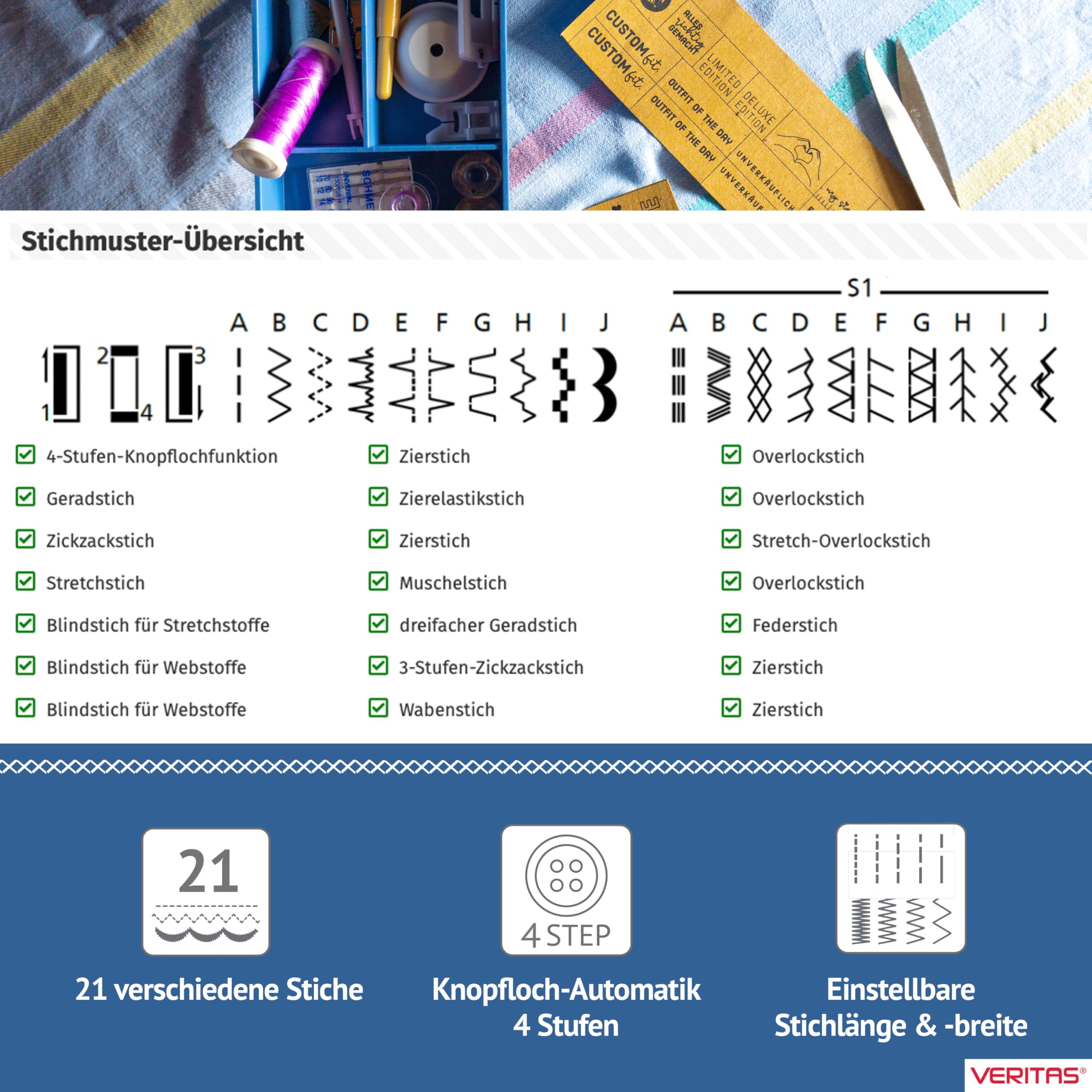 VERITAS Power Stitch Denim Nähmaschine – XXL Anschiebetisch, Einfädelhilfe, Fußpedal, bis 1.000 Stiche/Min., einstellbarer Nähfußdruck, Freiarm – für Jeans, Leder & feine Stoffe
