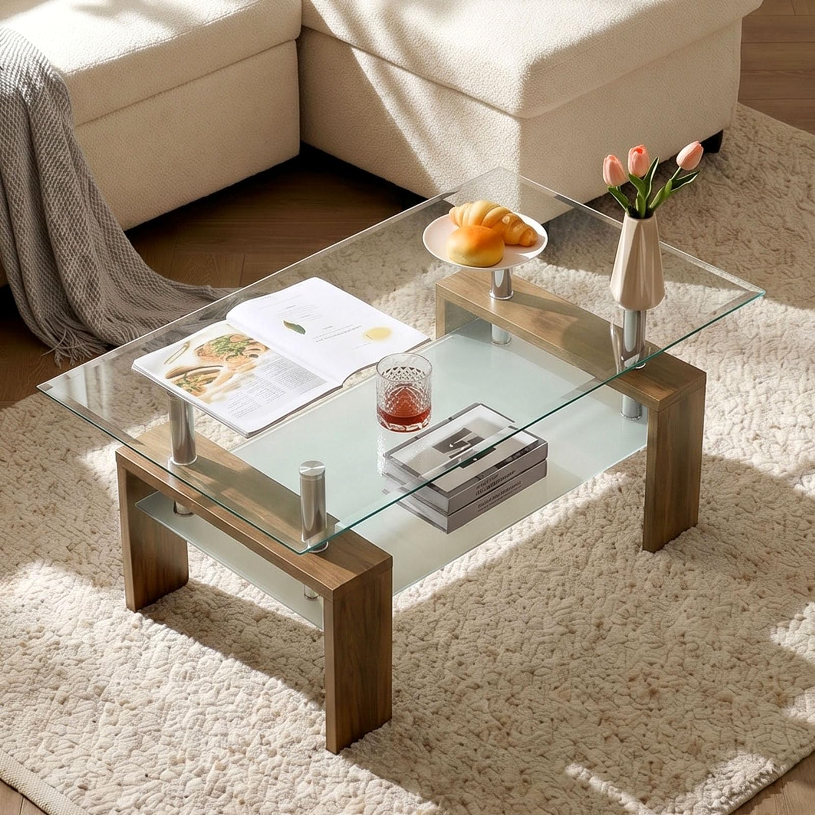 LEMROE Rectangle Glass Coffee Table with Metal Frame Tempered Glass Center Table with 2 Tier Storage Shelves Modern Living Room Furniture (Oak)